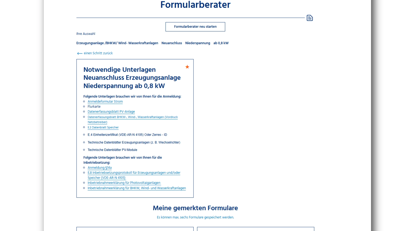 Screenshot vom Formularberater auf der neuen Website der Stadtwerke Jena Netze